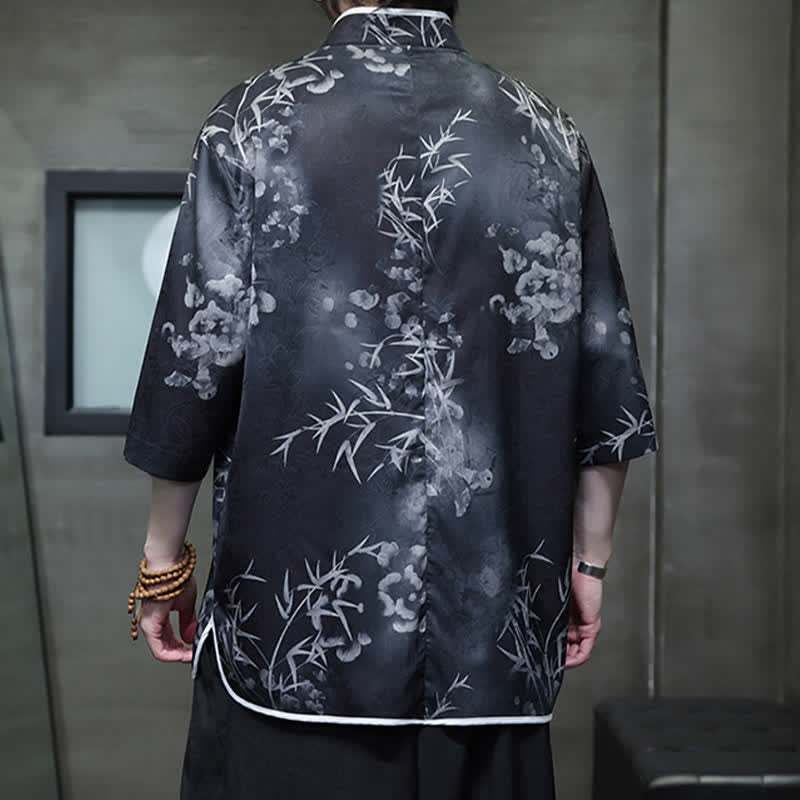 Nimara Ritual Spring Summer Vintage Tang Style Mandarin Collar Bamboo Print Men's Elbow-Length Sleeve Shirts