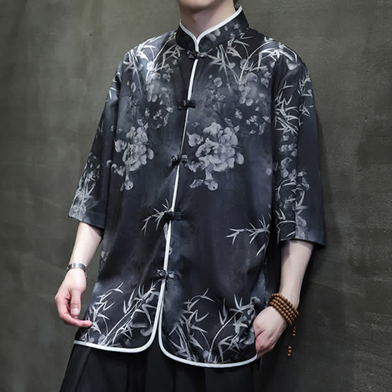Nimara Ritual Spring Summer Vintage Tang Style Mandarin Collar Bamboo Print Men's Elbow-Length Sleeve Shirts