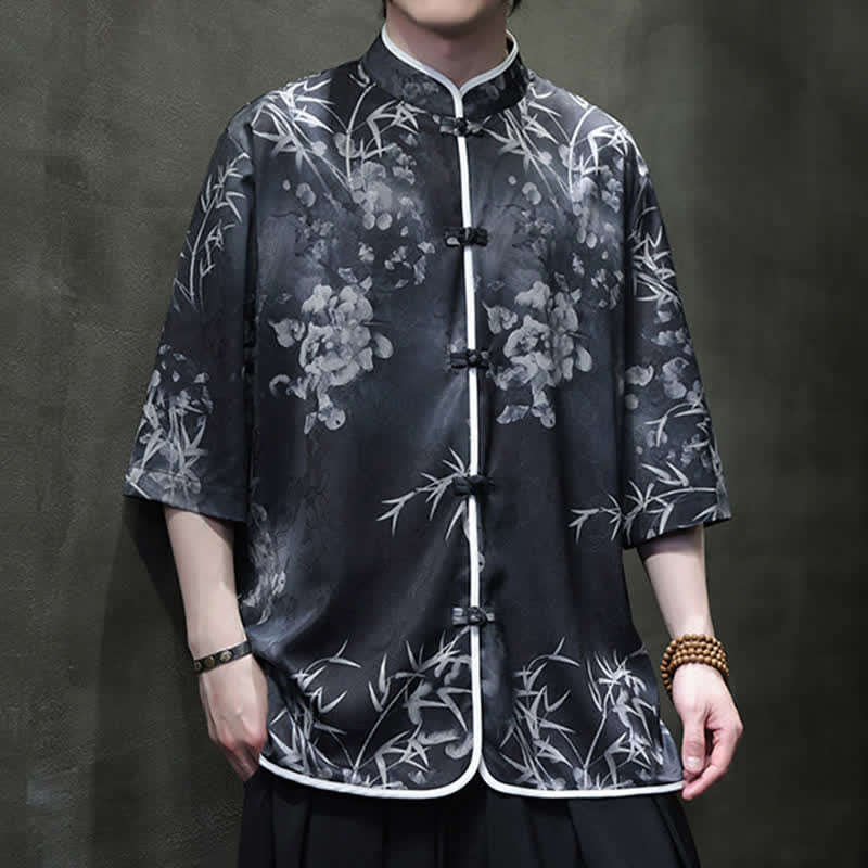 Nimara Ritual Spring Summer Vintage Tang Style Mandarin Collar Bamboo Print Men's Elbow-Length Sleeve Shirts