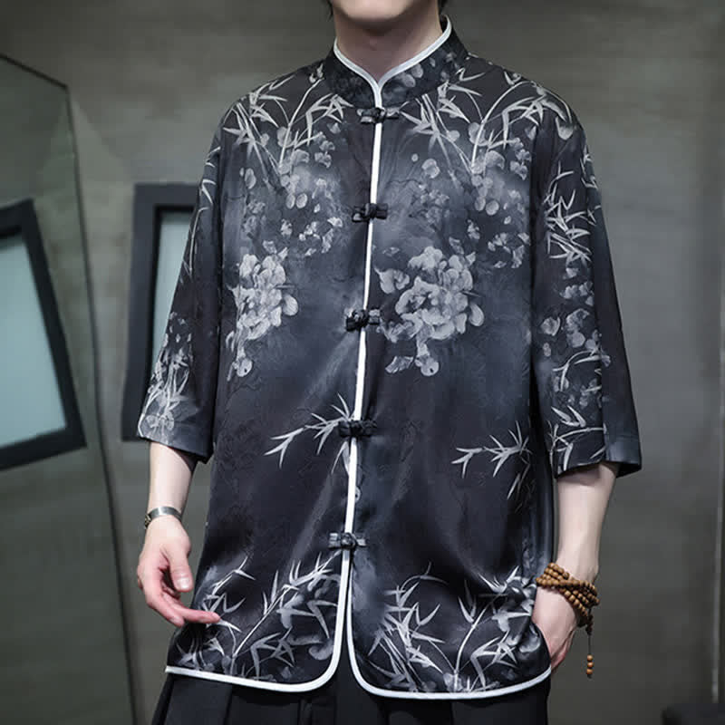 Nimara Ritual Spring Summer Vintage Tang Style Mandarin Collar Bamboo Print Men's Elbow-Length Sleeve Shirts