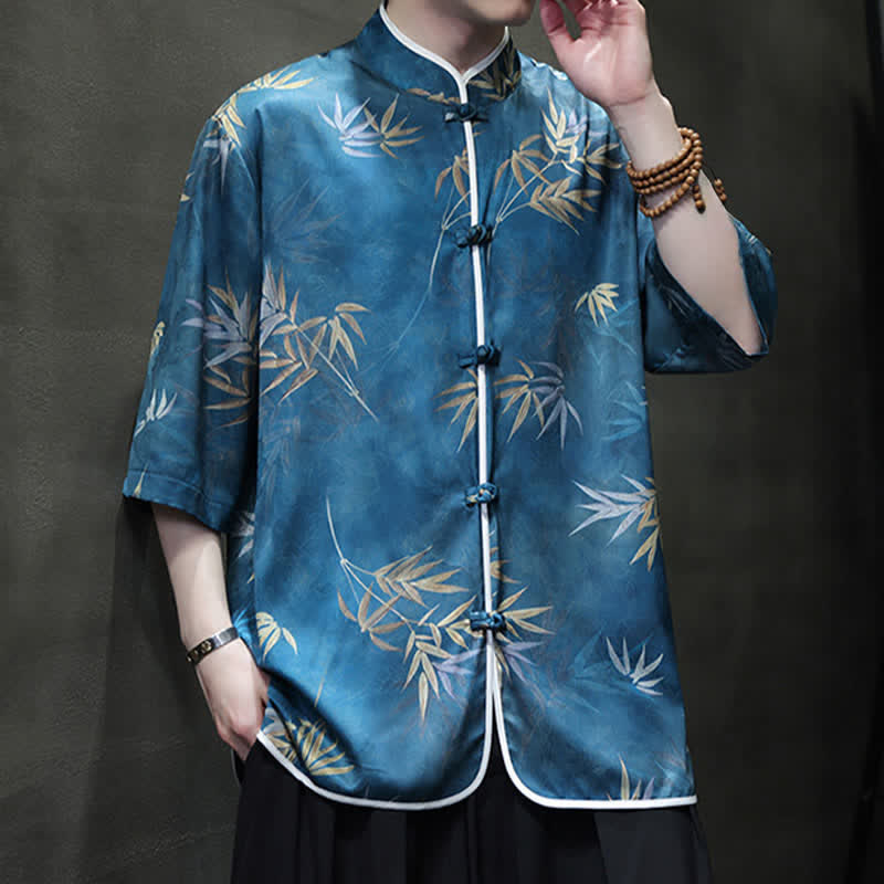 Nimara Ritual Spring Summer Vintage Tang Style Mandarin Collar Bamboo Print Men's Elbow-Length Sleeve Shirts