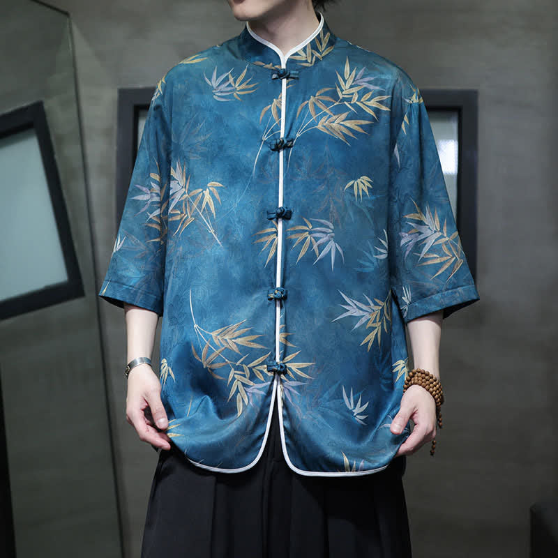 Nimara Ritual Spring Summer Vintage Tang Style Mandarin Collar Bamboo Print Men's Elbow-Length Sleeve Shirts