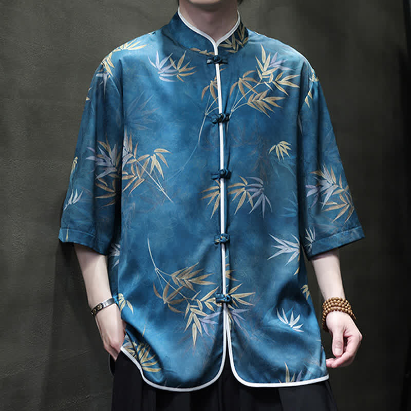 Nimara Ritual Spring Summer Vintage Tang Style Mandarin Collar Bamboo Print Men's Elbow-Length Sleeve Shirts
