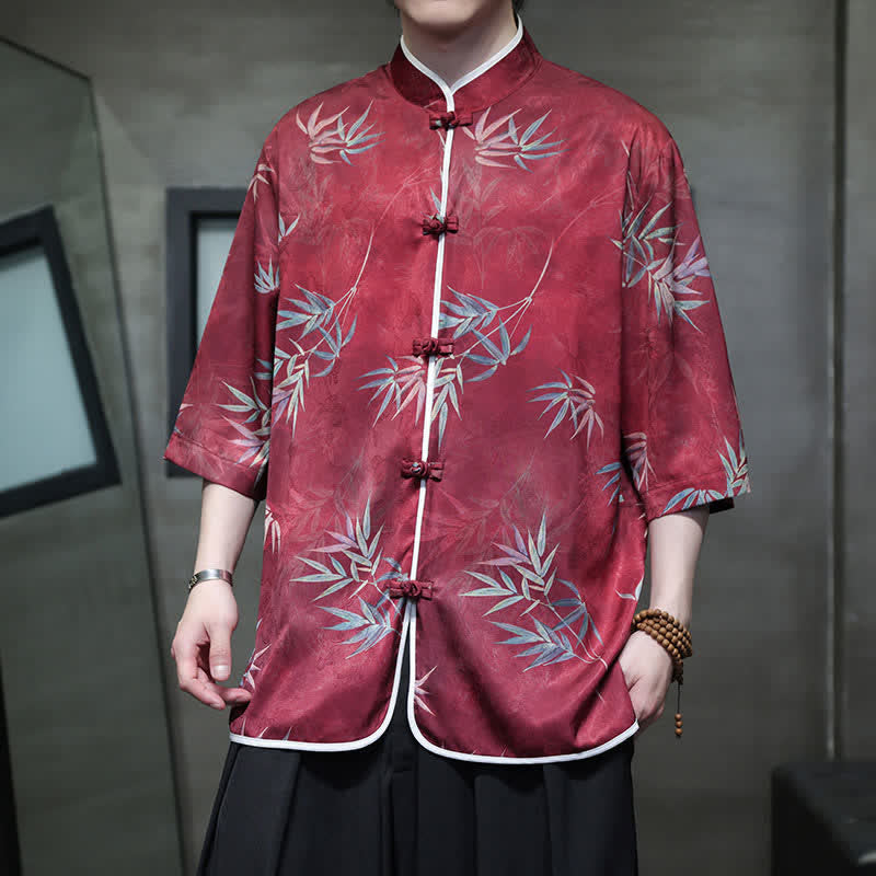 Nimara Ritual Spring Summer Vintage Tang Style Mandarin Collar Bamboo Print Men's Elbow-Length Sleeve Shirts