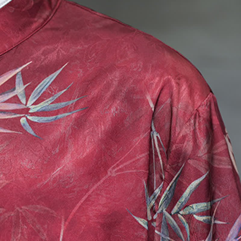 Nimara Ritual Spring Summer Vintage Tang Style Mandarin Collar Bamboo Print Men's Elbow-Length Sleeve Shirts
