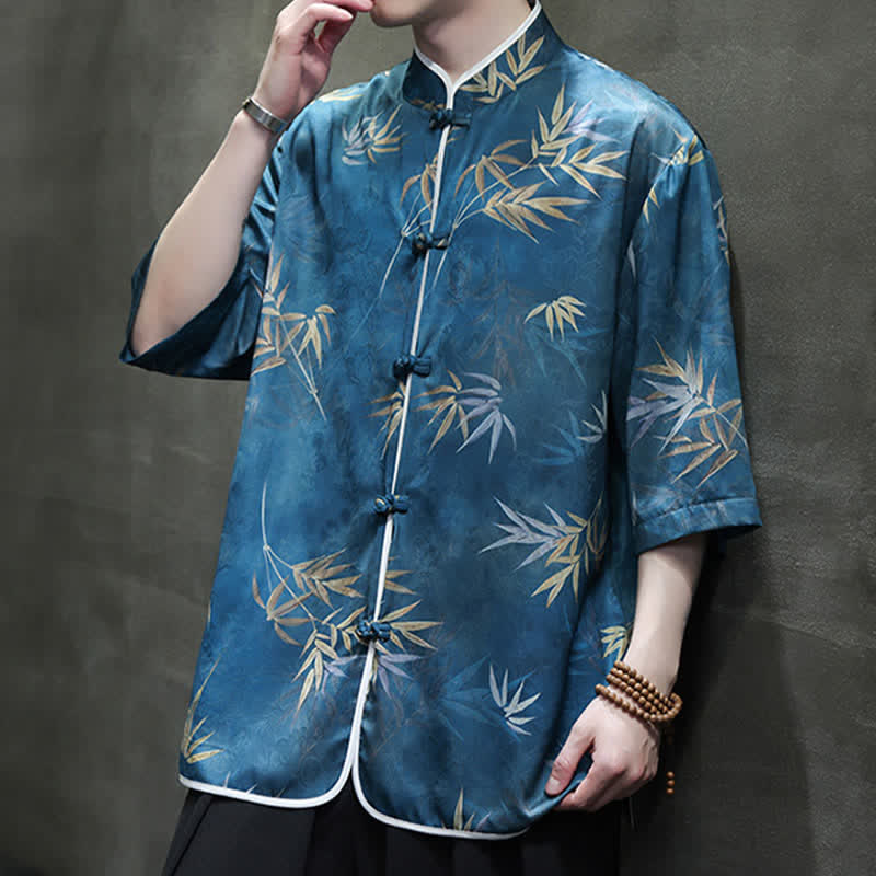 Nimara Ritual Spring Summer Vintage Tang Style Mandarin Collar Bamboo Print Men's Elbow-Length Sleeve Shirts