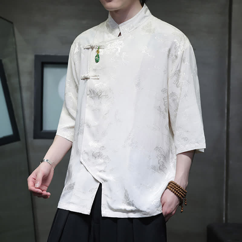Nimara Ritual Spring Tang Style Elegant Mandarin Collar Frog Button Men's Elbow-Length Sleeve Shirts