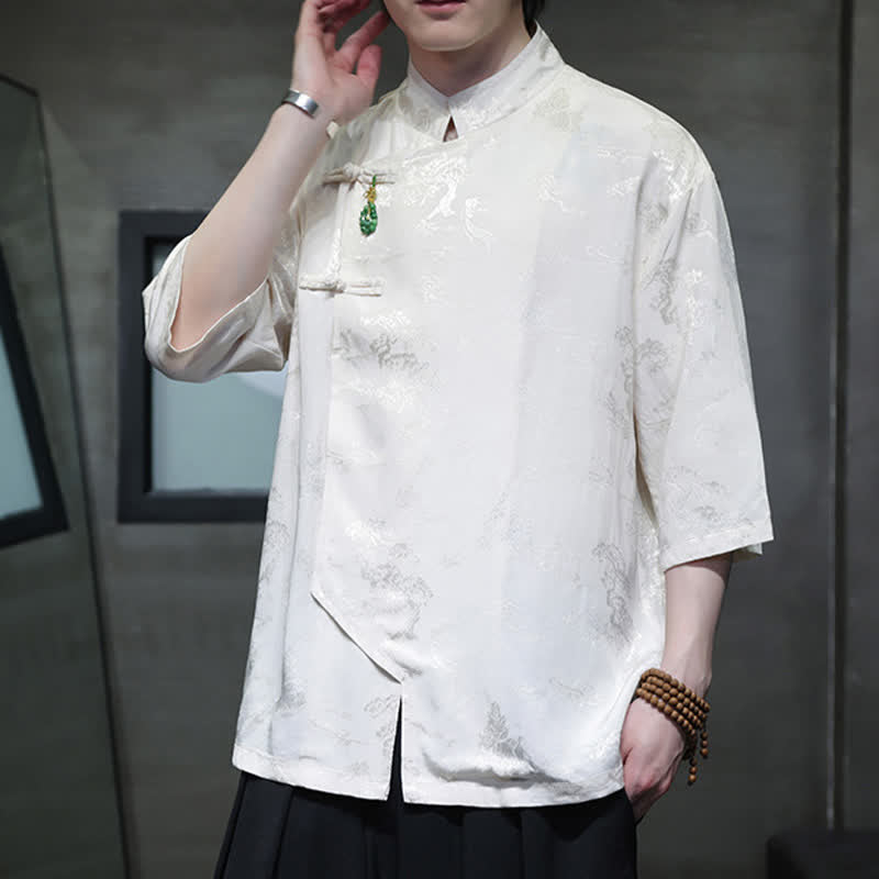 Nimara Ritual Spring Tang Style Elegant Mandarin Collar Frog Button Men's Elbow-Length Sleeve Shirts