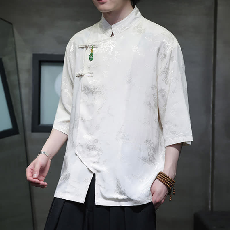 Nimara Ritual Spring Tang Style Elegant Mandarin Collar Frog Button Men's Elbow-Length Sleeve Shirts