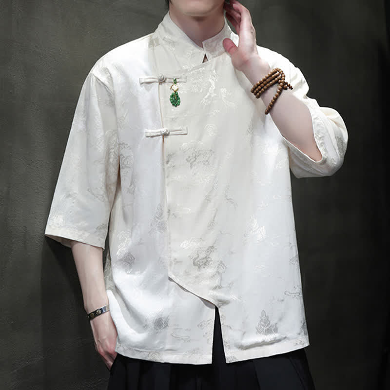 Nimara Ritual Spring Tang Style Elegant Mandarin Collar Frog Button Men's Elbow-Length Sleeve Shirts