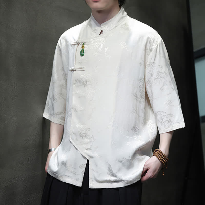 Nimara Ritual Spring Tang Style Elegant Mandarin Collar Frog Button Men's Elbow-Length Sleeve Shirts