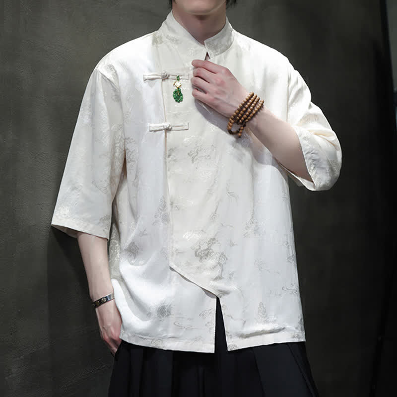Nimara Ritual Spring Tang Style Elegant Mandarin Collar Frog Button Men's Elbow-Length Sleeve Shirts