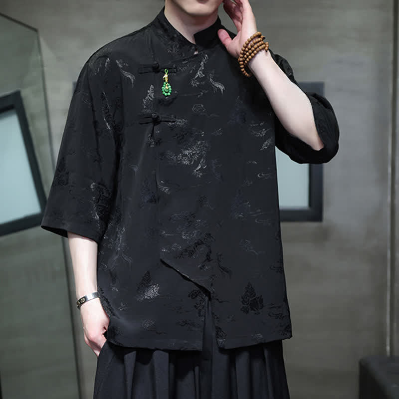 Nimara Ritual Spring Tang Style Elegant Mandarin Collar Frog Button Men's Elbow-Length Sleeve Shirts