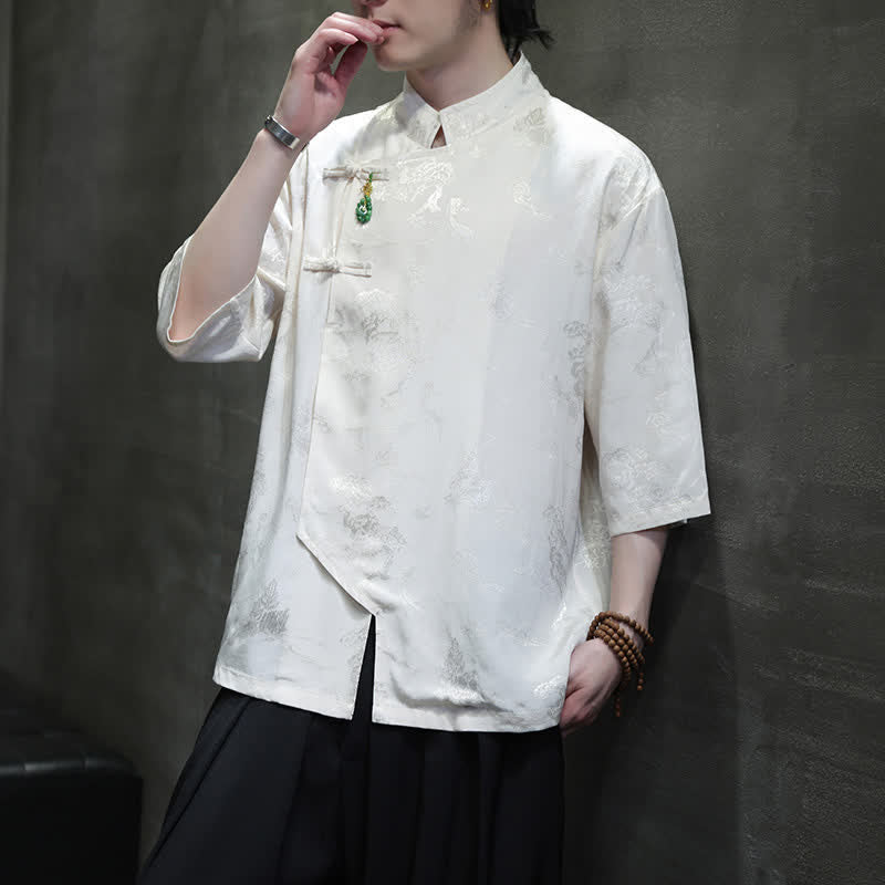 Nimara Ritual Spring Tang Style Elegant Mandarin Collar Frog Button Men's Elbow-Length Sleeve Shirts