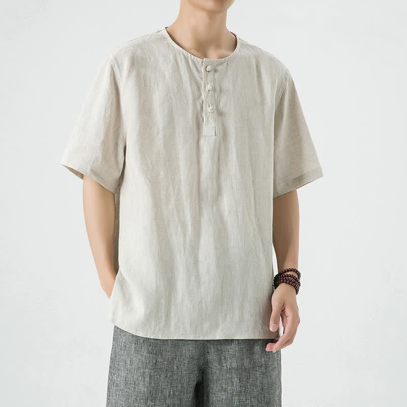 Nimara Ritual Summer Casual Minimalist Side Slit Solid Crew Neck Linen Men's Short Sleeve Shirts