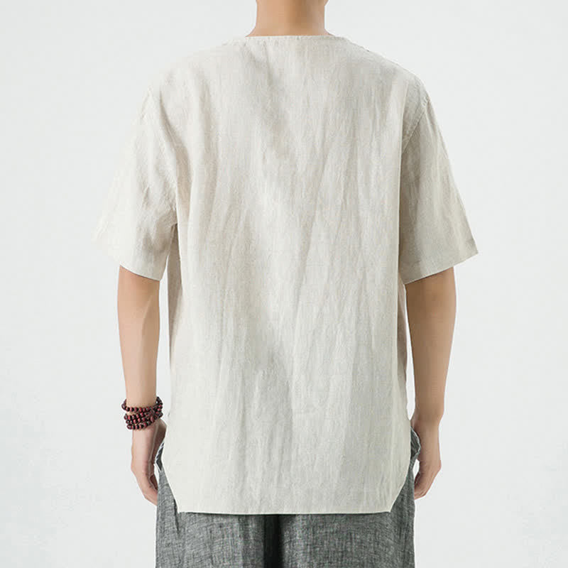 Nimara Ritual Summer Casual Minimalist Side Slit Solid Crew Neck Linen Men's Short Sleeve Shirts
