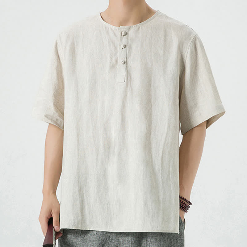 Nimara Ritual Summer Casual Minimalist Side Slit Solid Crew Neck Linen Men's Short Sleeve Shirts