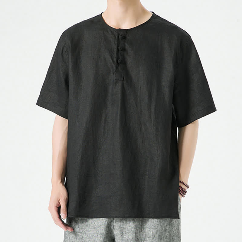 Nimara Ritual Summer Casual Minimalist Side Slit Solid Crew Neck Linen Men's Short Sleeve Shirts