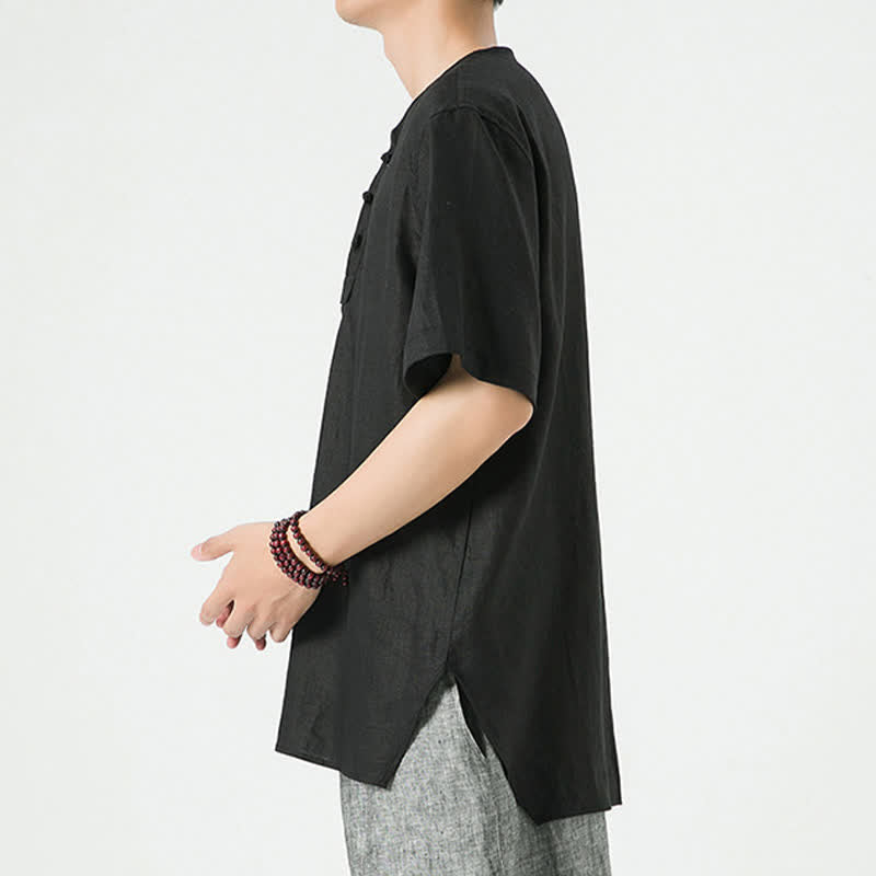 Nimara Ritual Summer Casual Minimalist Side Slit Solid Crew Neck Linen Men's Short Sleeve Shirts