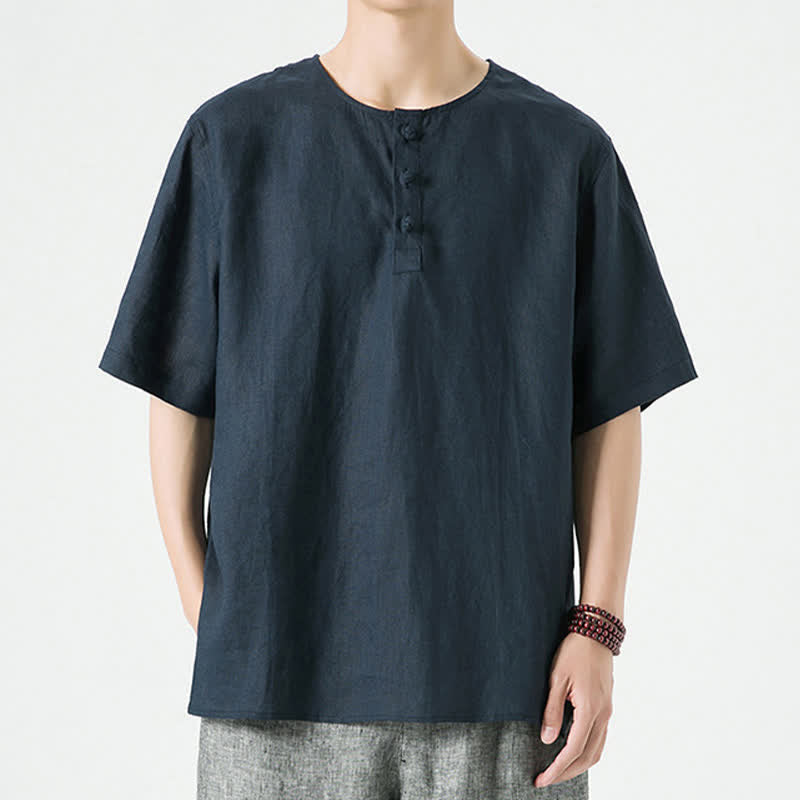 Nimara Ritual Summer Casual Minimalist Side Slit Solid Crew Neck Linen Men's Short Sleeve Shirts