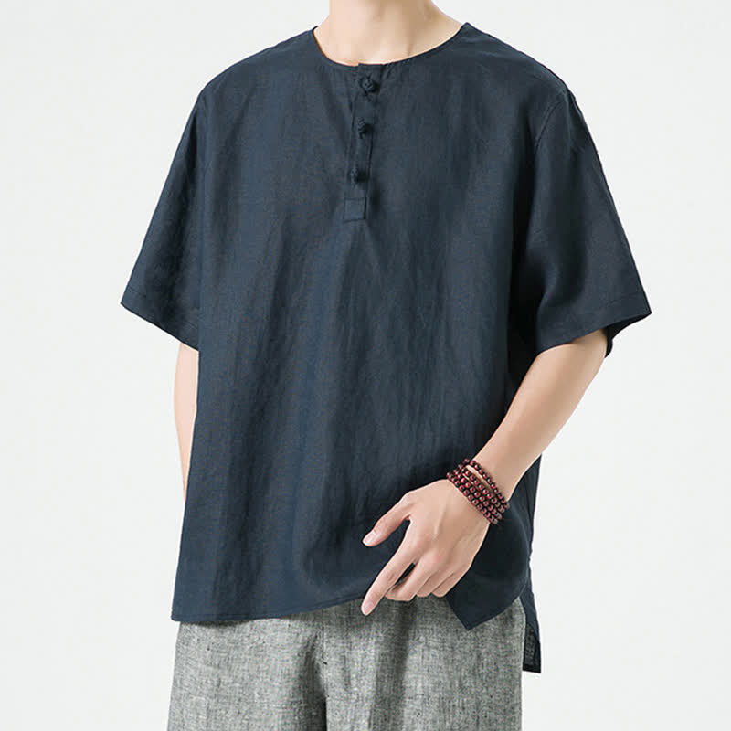 Nimara Ritual Summer Casual Minimalist Side Slit Solid Crew Neck Linen Men's Short Sleeve Shirts