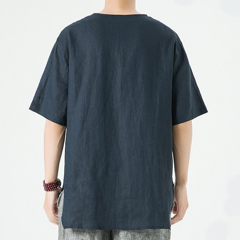 Nimara Ritual Summer Casual Minimalist Side Slit Solid Crew Neck Linen Men's Short Sleeve Shirts