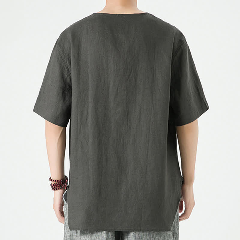 Nimara Ritual Summer Casual Minimalist Side Slit Solid Crew Neck Linen Men's Short Sleeve Shirts