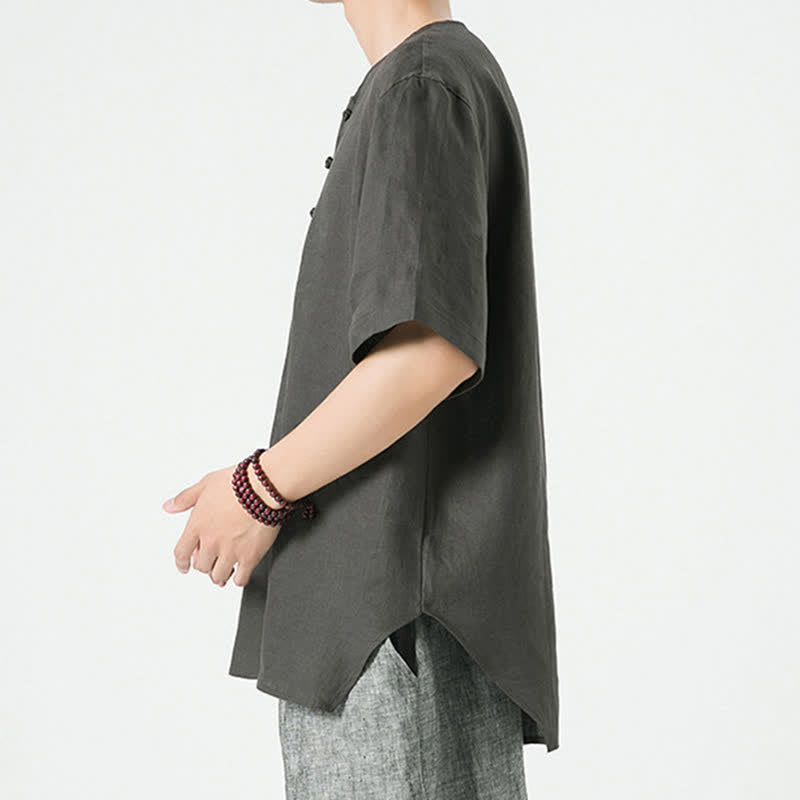 Nimara Ritual Summer Casual Minimalist Side Slit Solid Crew Neck Linen Men's Short Sleeve Shirts