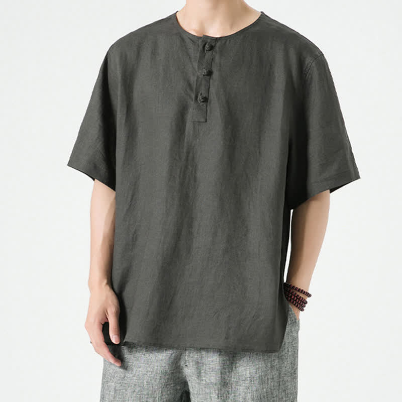 Nimara Ritual Summer Casual Minimalist Side Slit Solid Crew Neck Linen Men's Short Sleeve Shirts