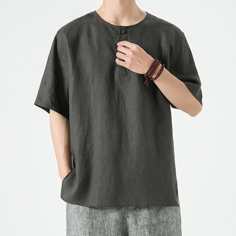 Nimara Ritual Summer Casual Minimalist Side Slit Solid Crew Neck Linen Men's Short Sleeve Shirts