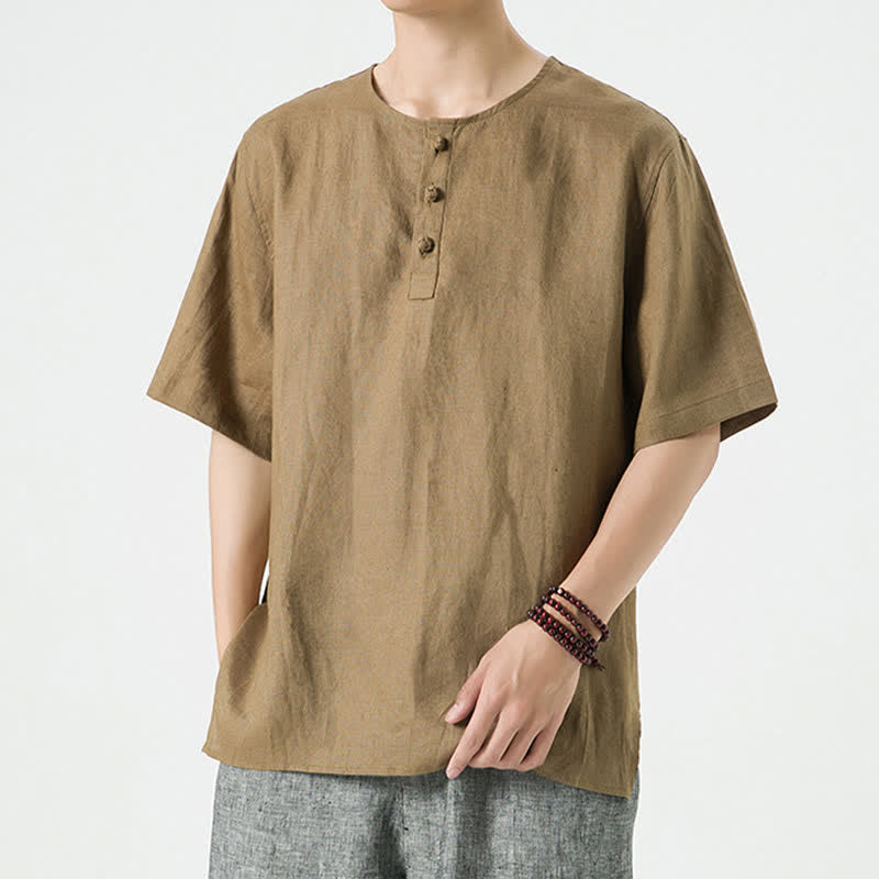 Nimara Ritual Summer Casual Minimalist Side Slit Solid Crew Neck Linen Men's Short Sleeve Shirts