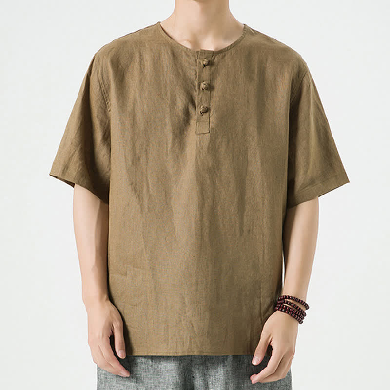 Nimara Ritual Summer Casual Minimalist Side Slit Solid Crew Neck Linen Men's Short Sleeve Shirts