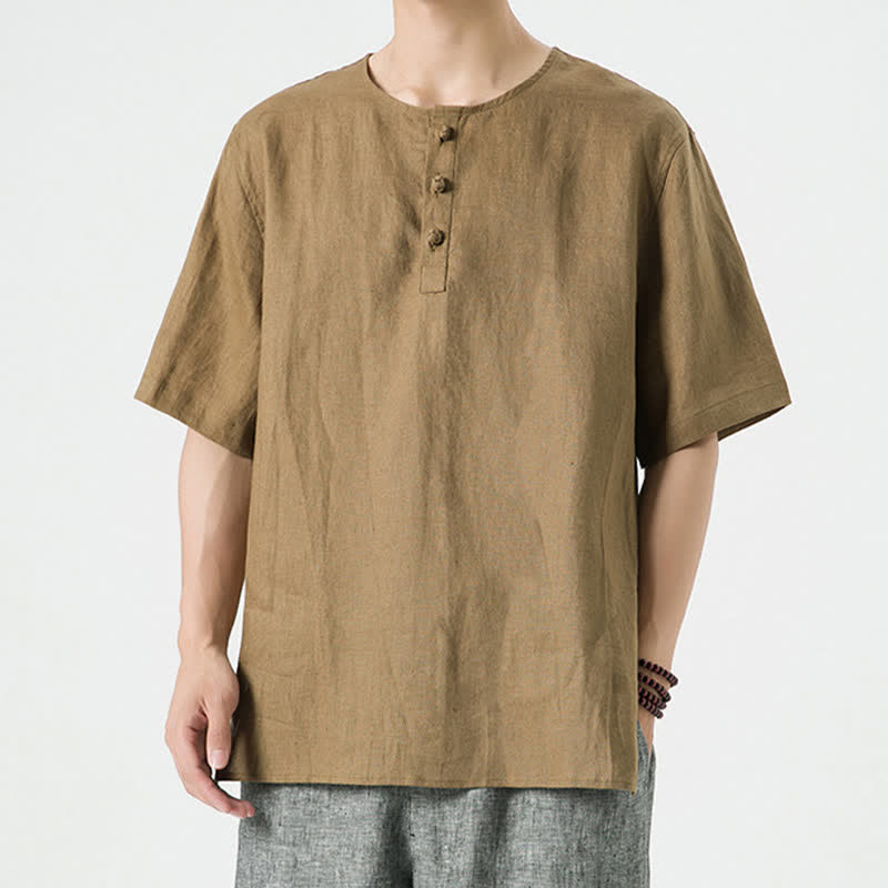 Nimara Ritual Summer Casual Minimalist Side Slit Solid Crew Neck Linen Men's Short Sleeve Shirts