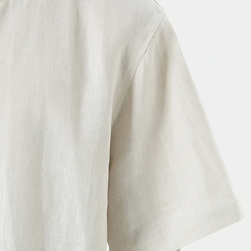 Nimara Ritual Summer Casual Minimalist Side Slit Solid Crew Neck Linen Men's Short Sleeve Shirts