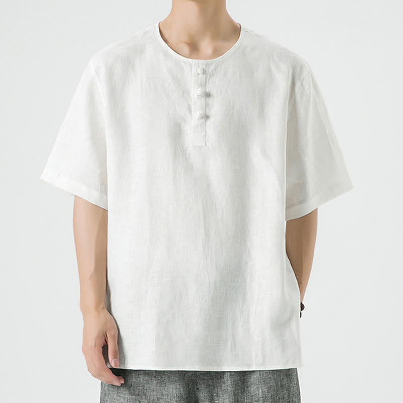 Nimara Ritual Summer Casual Minimalist Side Slit Solid Crew Neck Linen Men's Short Sleeve Shirts