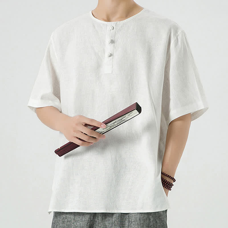 Nimara Ritual Summer Casual Minimalist Side Slit Solid Crew Neck Linen Men's Short Sleeve Shirts