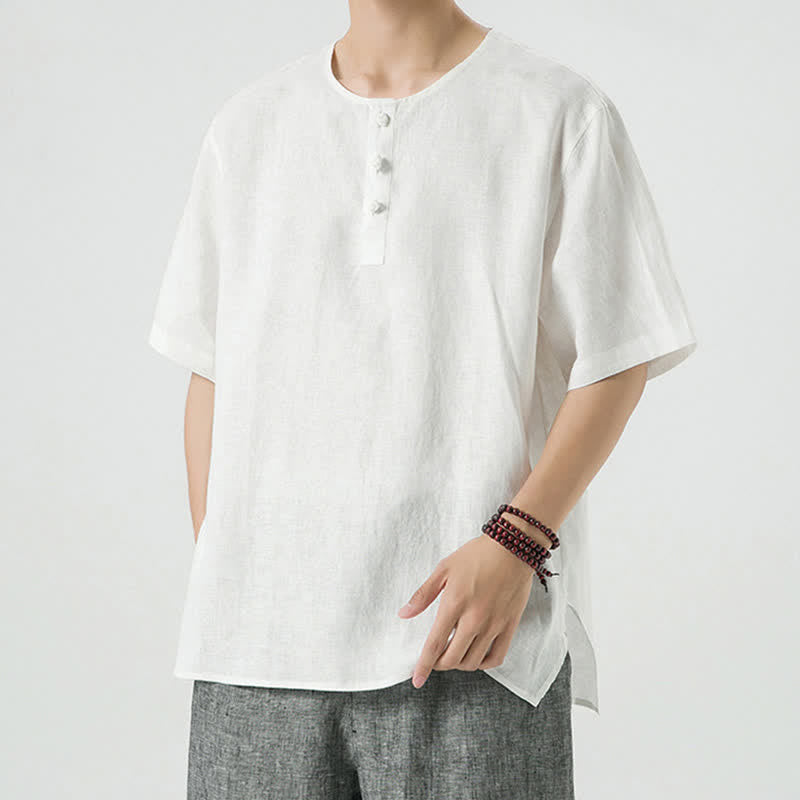 Nimara Ritual Summer Casual Minimalist Side Slit Solid Crew Neck Linen Men's Short Sleeve Shirts
