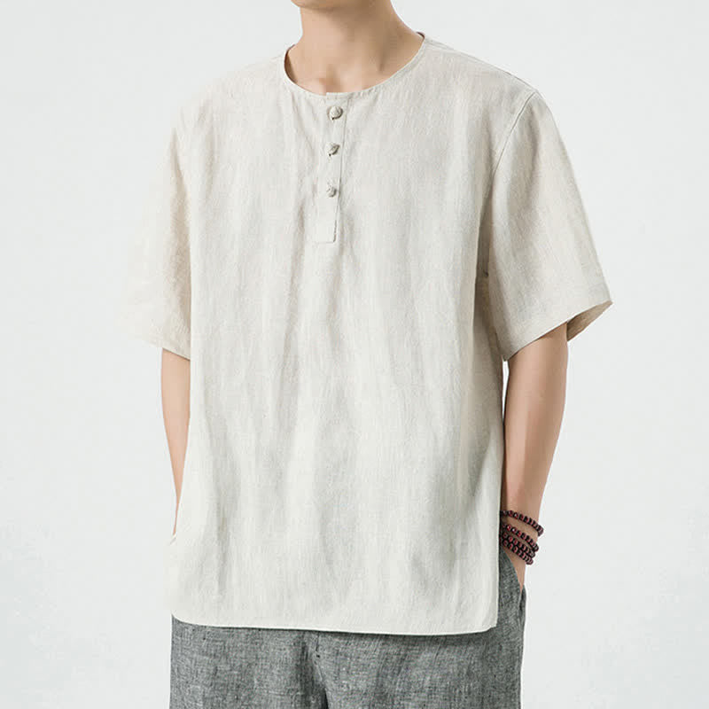 Nimara Ritual Summer Casual Minimalist Side Slit Solid Crew Neck Linen Men's Short Sleeve Shirts