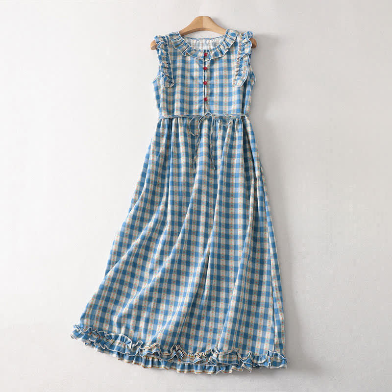 Nimara Ritual Summer Button-Up Drawstring Gingham Women's Summer Sleeveless Dress With Pockets