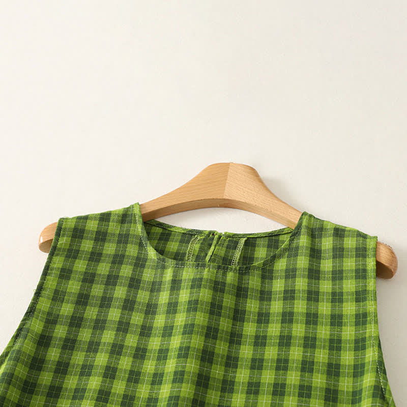 Nimara Ritual Summer Casual Green Plaid Pattern Ruffles Cotton Tank Top Women's Sleeveless Shirts