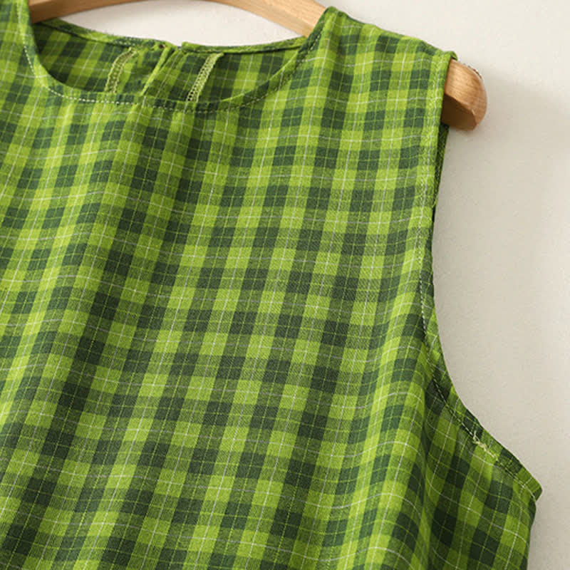 Nimara Ritual Summer Casual Green Plaid Pattern Ruffles Cotton Tank Top Women's Sleeveless Shirts