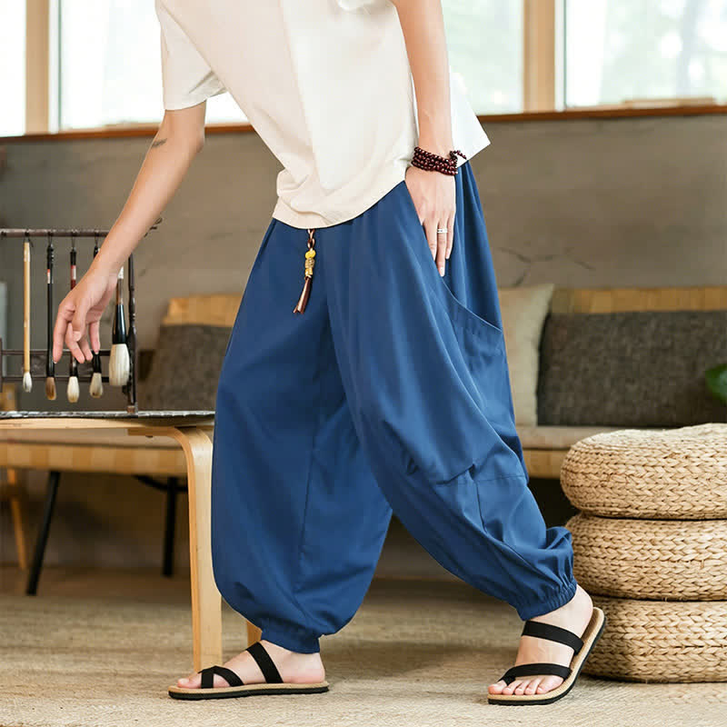 Nimara Ritual Summer Casual Vintage Drawstring Solid Ankle Length Pants Men's Harem Pants With Pockets