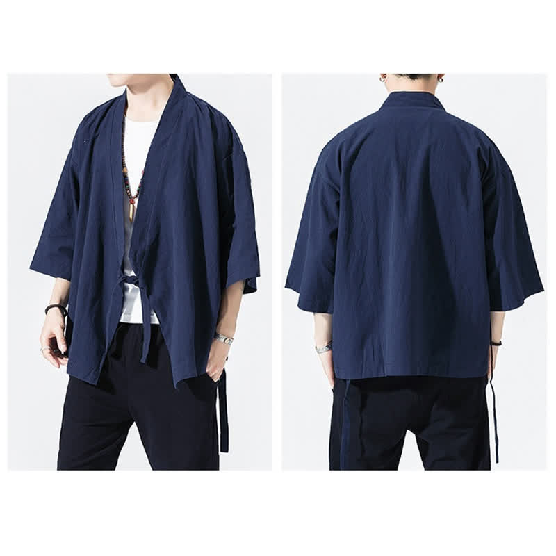 Nimara Ritual Summer Casual Minimalist Drawstring Solid Elbow-Length Sleeve Men's Kimono