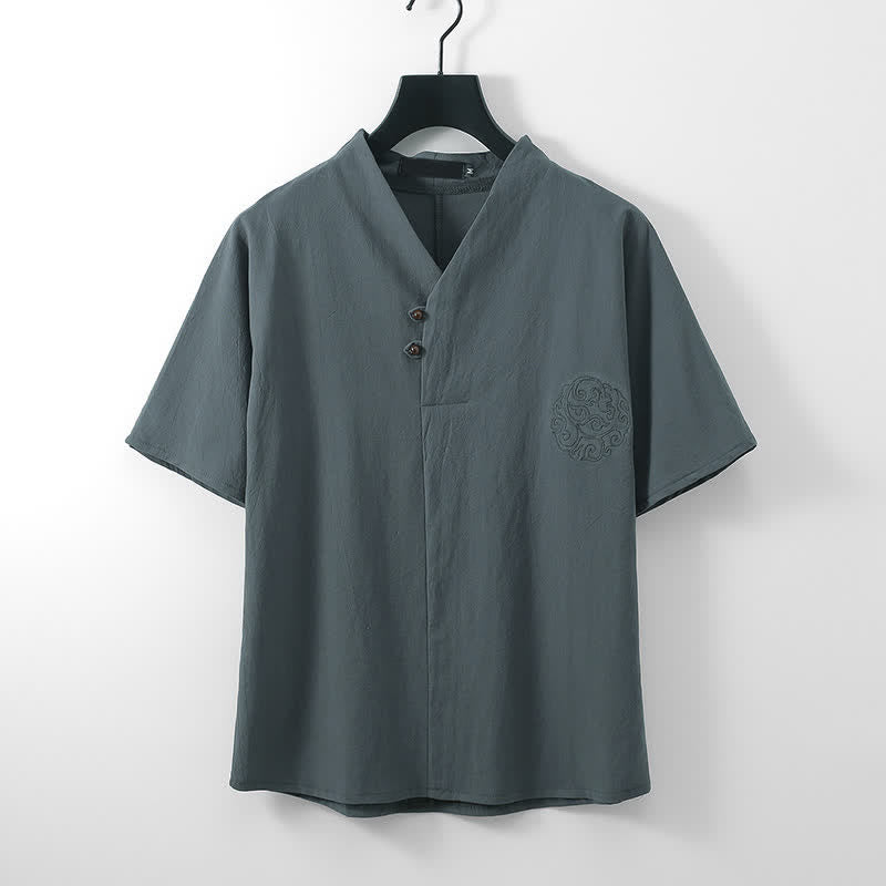 Nimara Ritual 2Pcs Summer Tang Style Casual Embroidery Solid Cotton Linen Short Sleeve Shirt Shorts Men's Meditation Cloth With Pocket