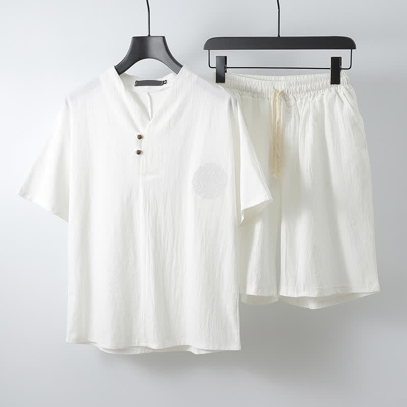 Nimara Ritual 2Pcs Summer Tang Style Casual Embroidery Solid Cotton Linen Short Sleeve Shirt Shorts Men's Meditation Cloth With Pocket
