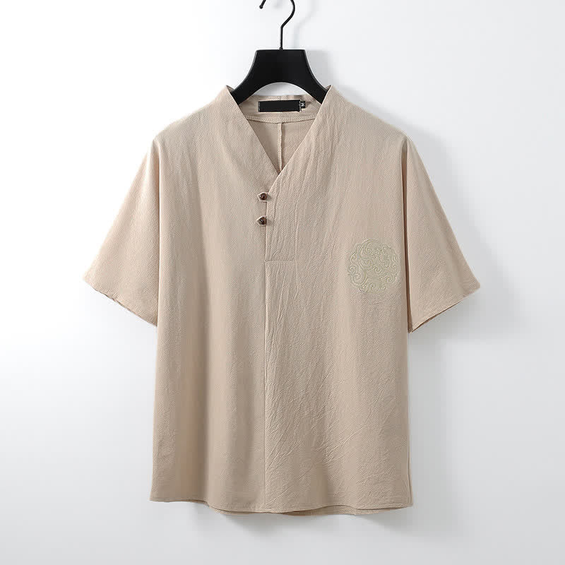 Nimara Ritual 2Pcs Summer Tang Style Casual Embroidery Solid Cotton Linen Short Sleeve Shirt Shorts Men's Meditation Cloth With Pocket