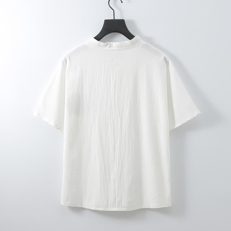 Nimara Ritual 2Pcs Summer Tang Style Casual Embroidery Solid Cotton Linen Short Sleeve Shirt Shorts Men's Meditation Cloth With Pocket