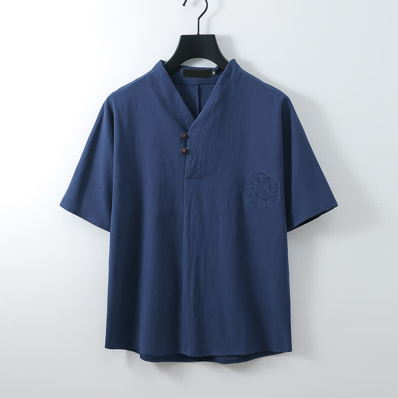 Nimara Ritual 2Pcs Summer Tang Style Casual Embroidery Solid Cotton Linen Short Sleeve Shirt Shorts Men's Meditation Cloth With Pocket
