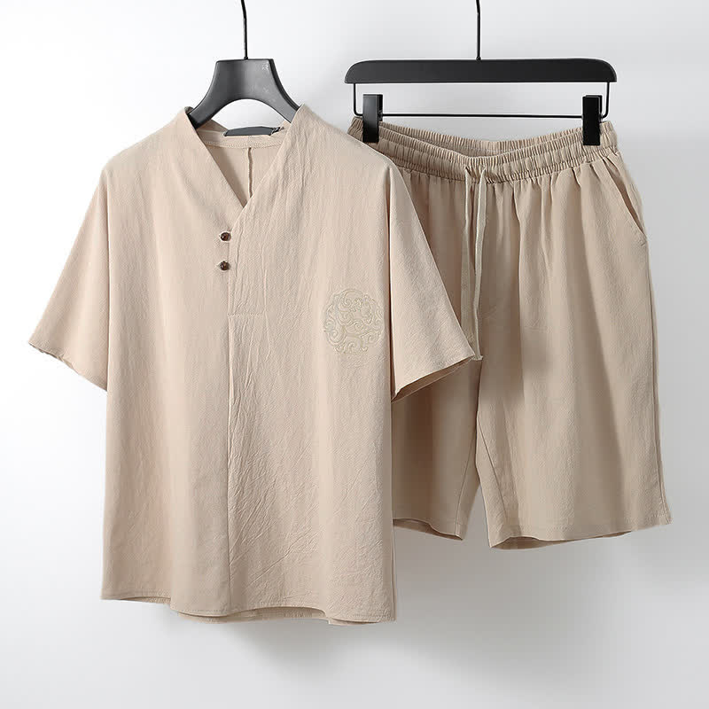 Nimara Ritual 2Pcs Summer Tang Style Casual Embroidery Solid Cotton Linen Short Sleeve Shirt Shorts Men's Meditation Cloth With Pocket