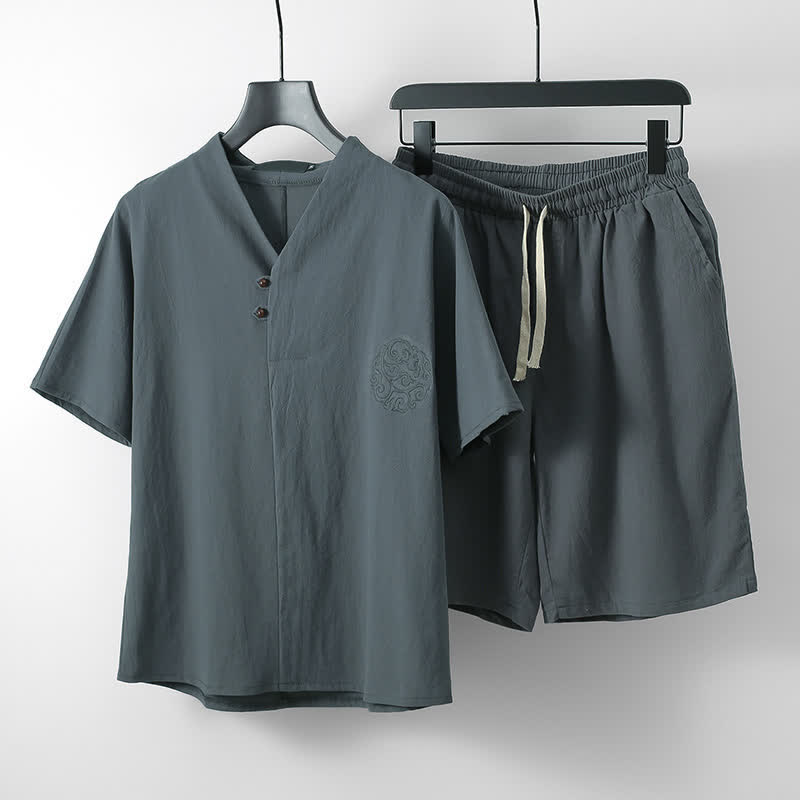 Nimara Ritual 2Pcs Summer Tang Style Casual Embroidery Solid Cotton Linen Short Sleeve Shirt Shorts Men's Meditation Cloth With Pocket